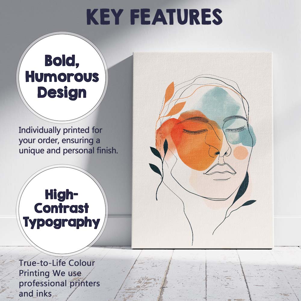 Minimalist Abstract Line Art Woman Face Terracotta Blue Canvas Wall Art Print Decor Picture Ready to Hang