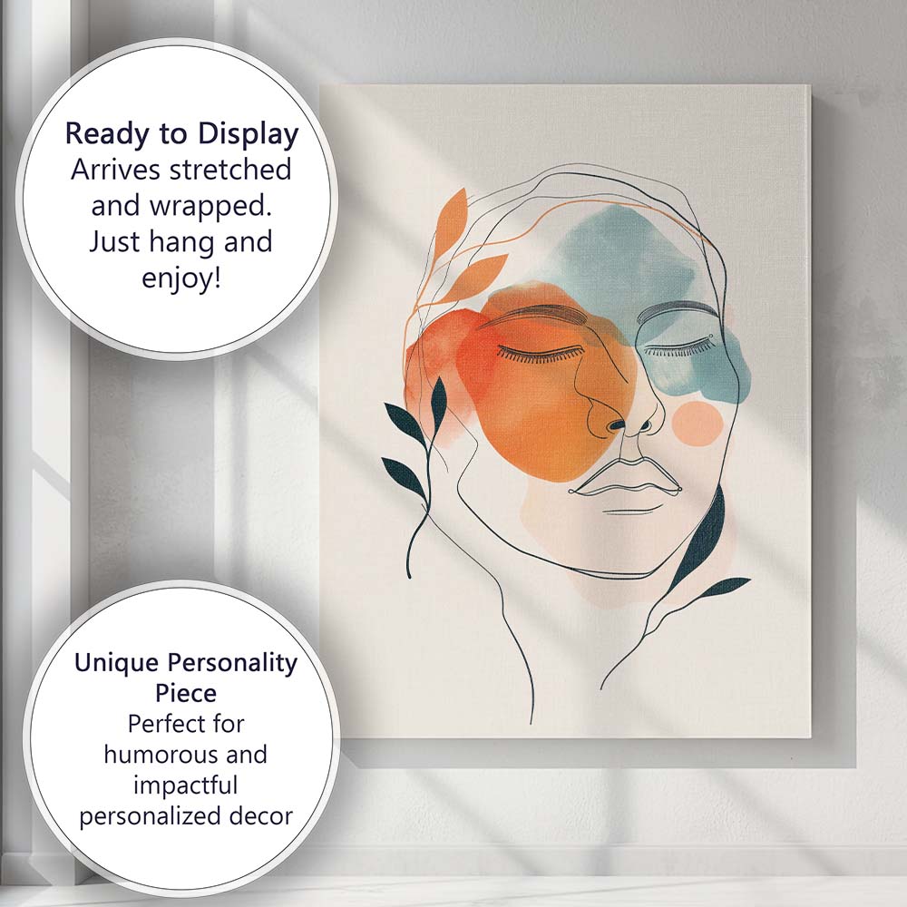Minimalist Abstract Line Art Woman Face Terracotta Blue Canvas Wall Art Print Decor Picture Ready to Hang