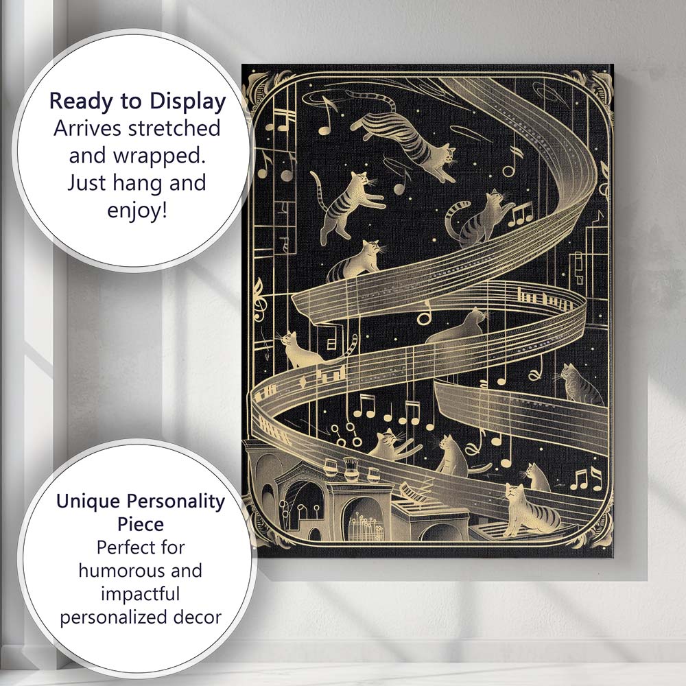 Elegant Musical Cats Art Deco Gold Black Illustration Canvas Wall Art Print Decor Picture Ready to Hang