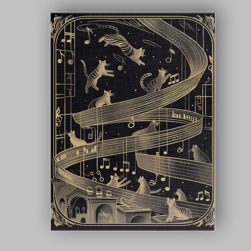 Elegant Musical Cats Art Deco Gold Black Illustration Canvas Wall Art Print Decor Picture Ready to Hang