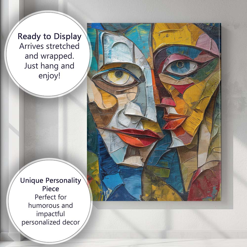Contemporary Cubist Dual Faces Textured Abstract Portrait Canvas Wall Art Print Decor Picture Ready to Hang