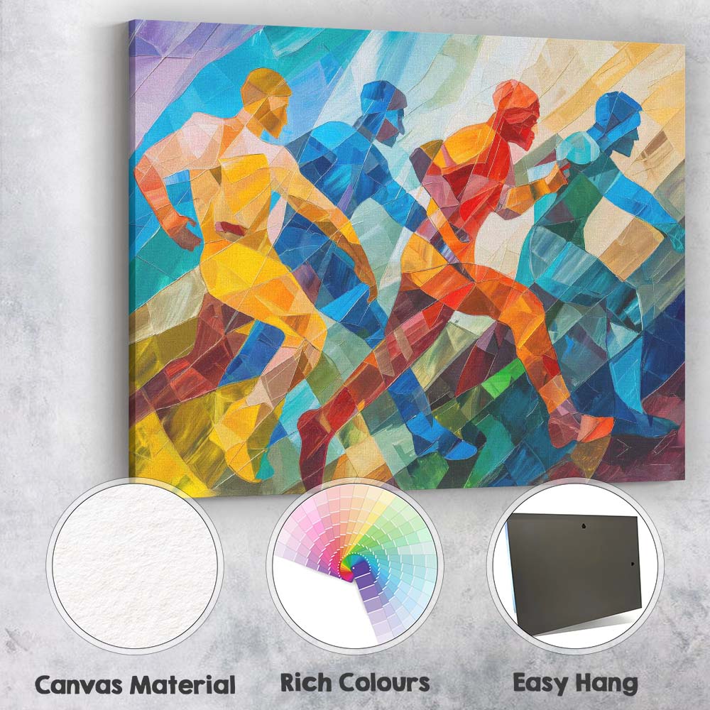 Abstract Cubist Running Athletes Colourful Sports Painting Canvas Wall Art Print Decor Picture Ready to Hang