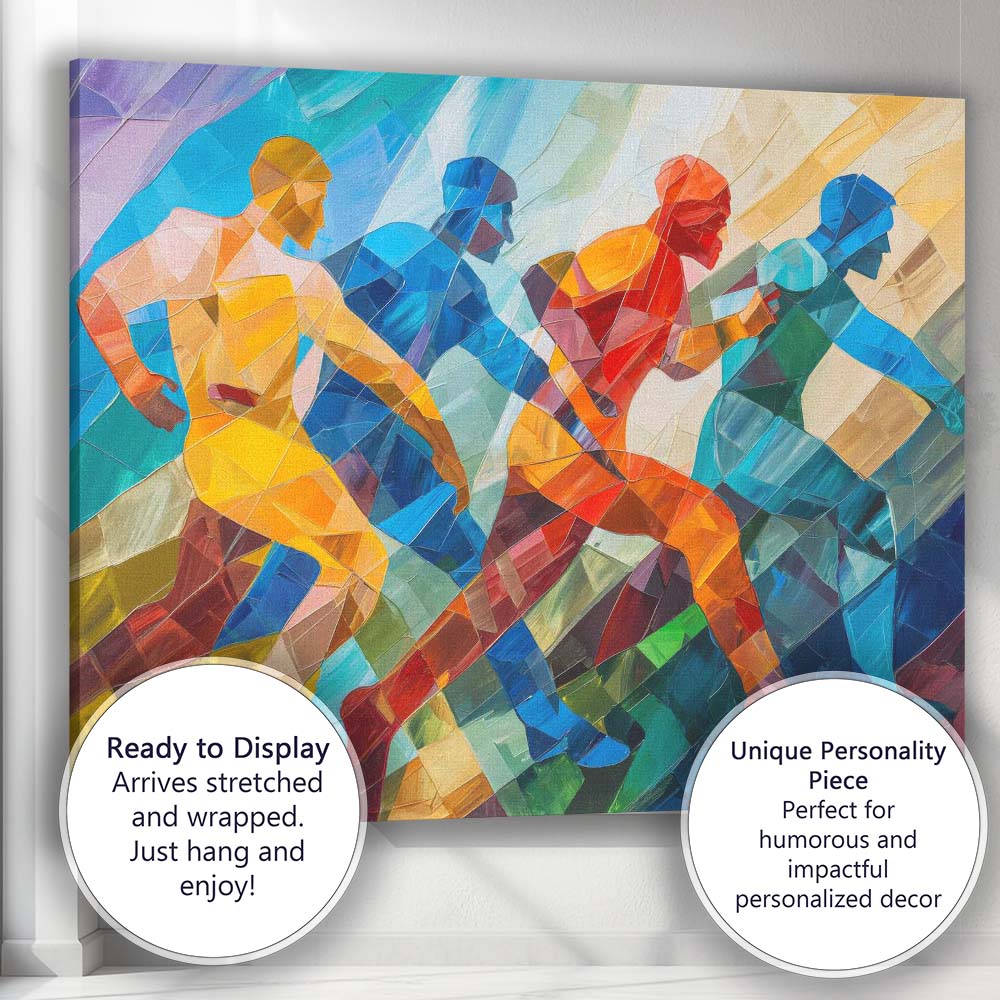 Abstract Cubist Running Athletes Colourful Sports Painting Canvas Wall Art Print Decor Picture Ready to Hang