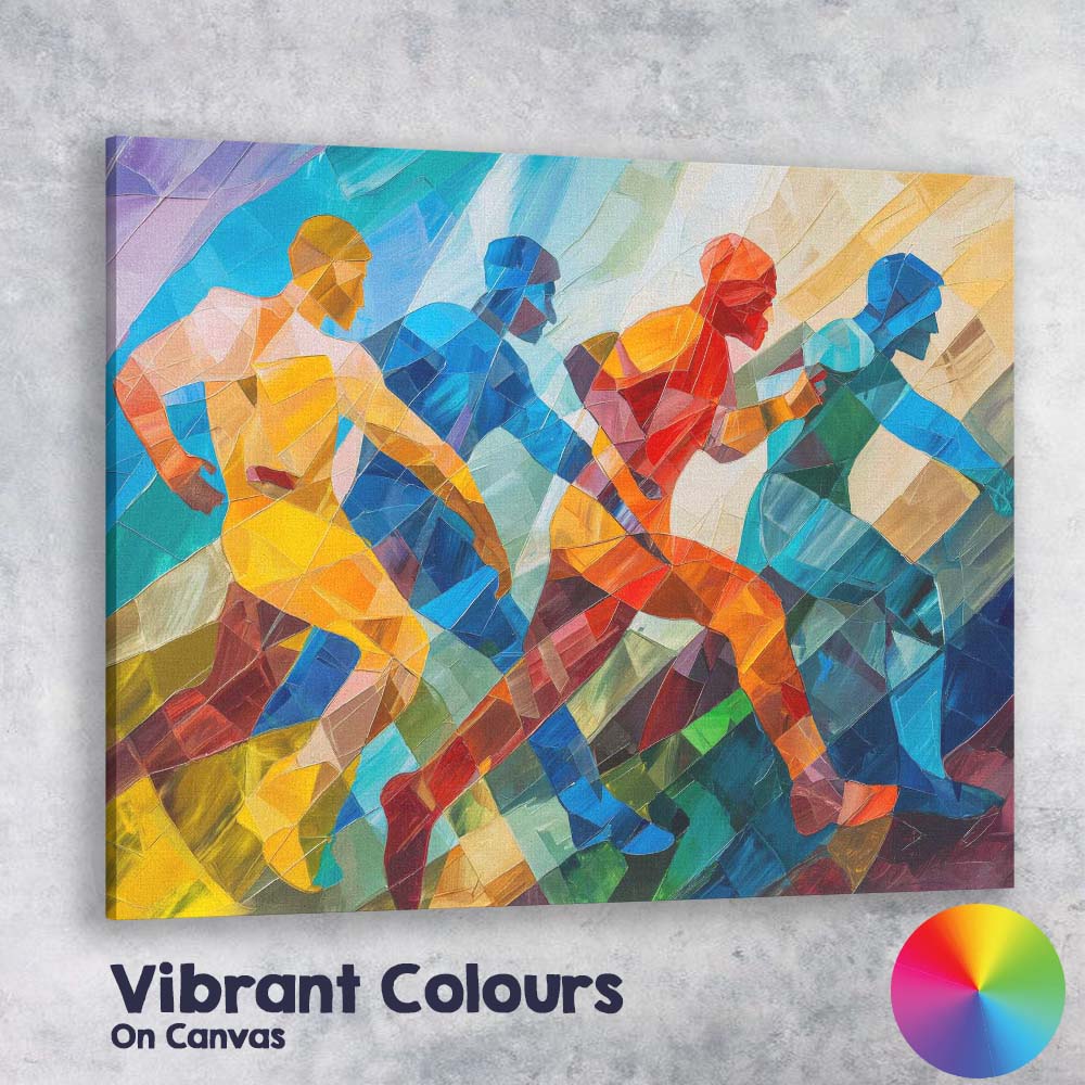 Abstract Cubist Running Athletes Colourful Sports Painting Canvas Wall Art Print Decor Picture Ready to Hang