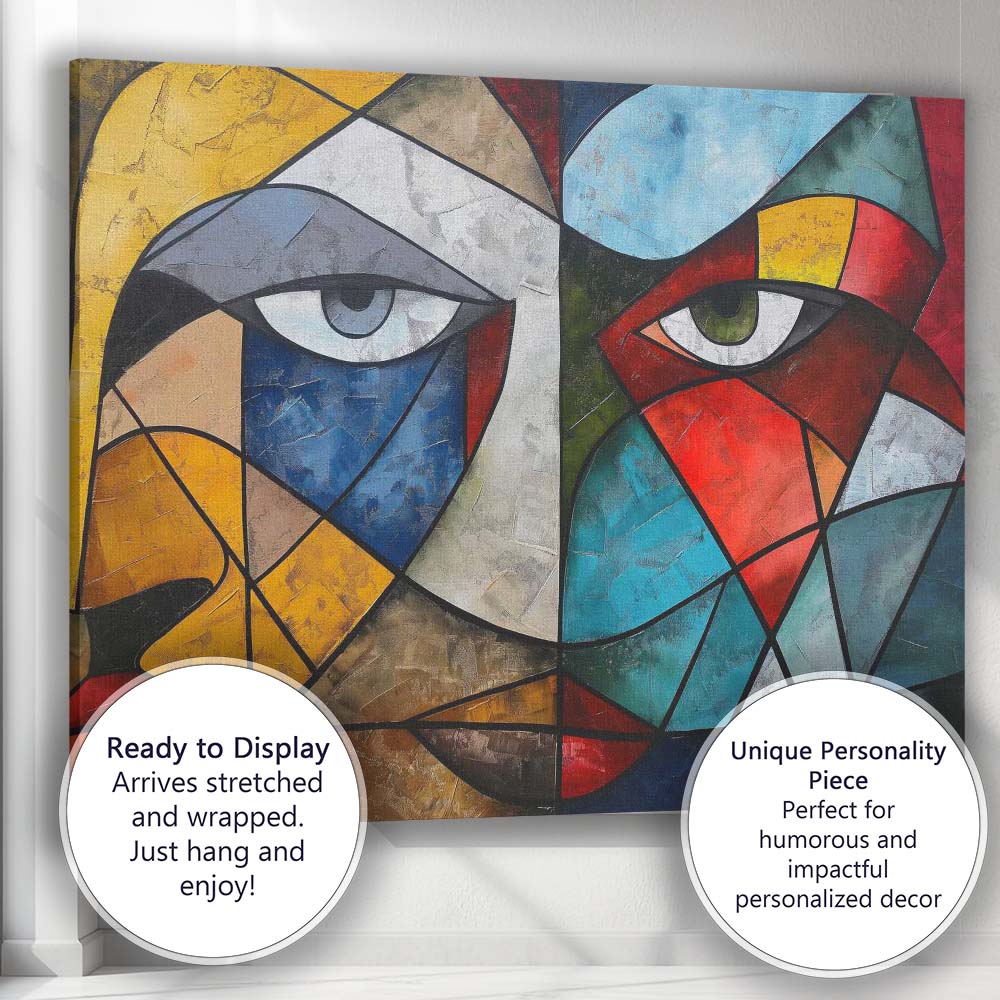 Bold Cubist Dual Face Geometric Abstract Portrait Canvas Wall Art Print Decor Picture Ready to Hang