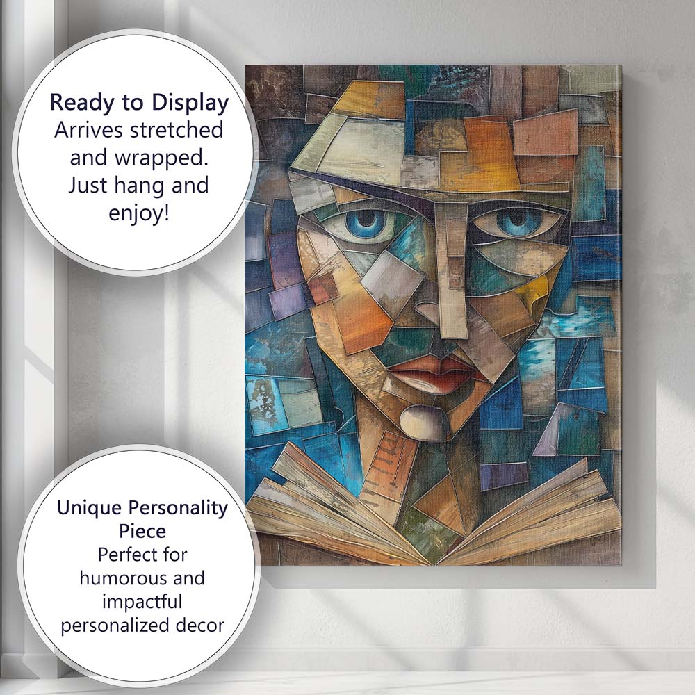 Cubist Blue Eyed Face Geometric Mosaic Portrait Canvas Wall Art Print Decor Picture Ready to Hang