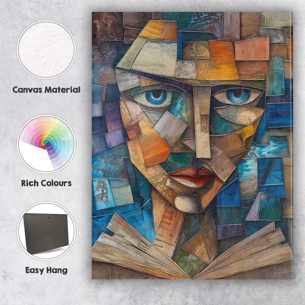 Cubist Blue Eyed Face Geometric Mosaic Portrait Canvas Wall Art Print Decor Picture Ready to Hang