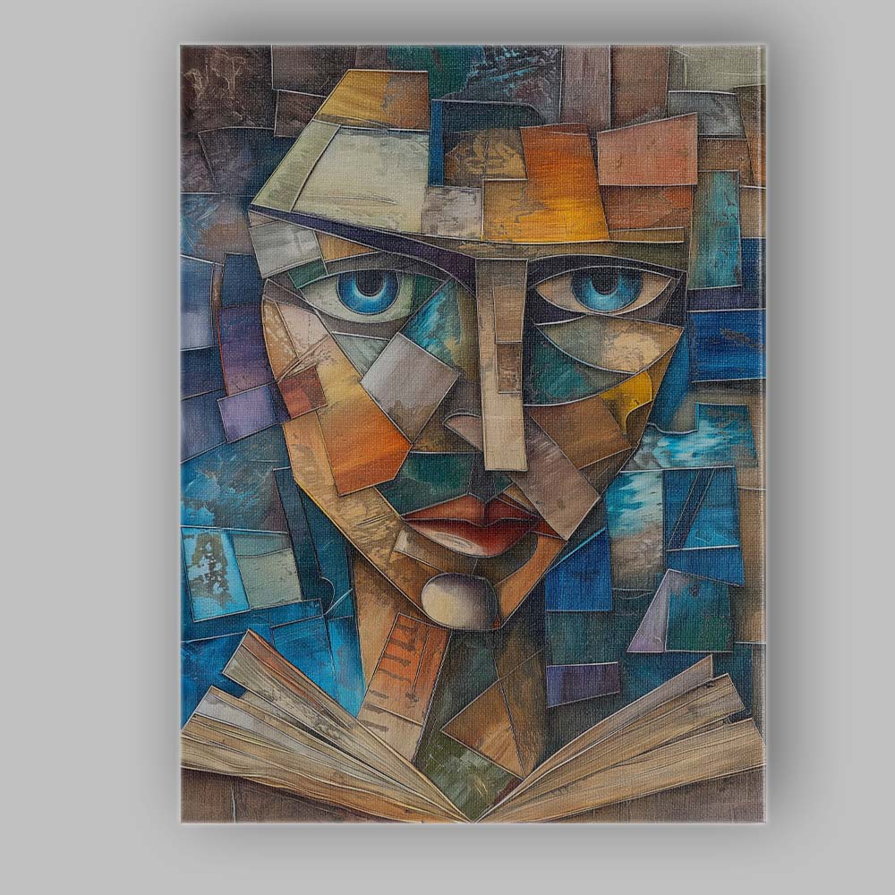 Cubist Blue Eyed Face Geometric Mosaic Portrait Canvas Wall Art Print Decor Picture Ready to Hang