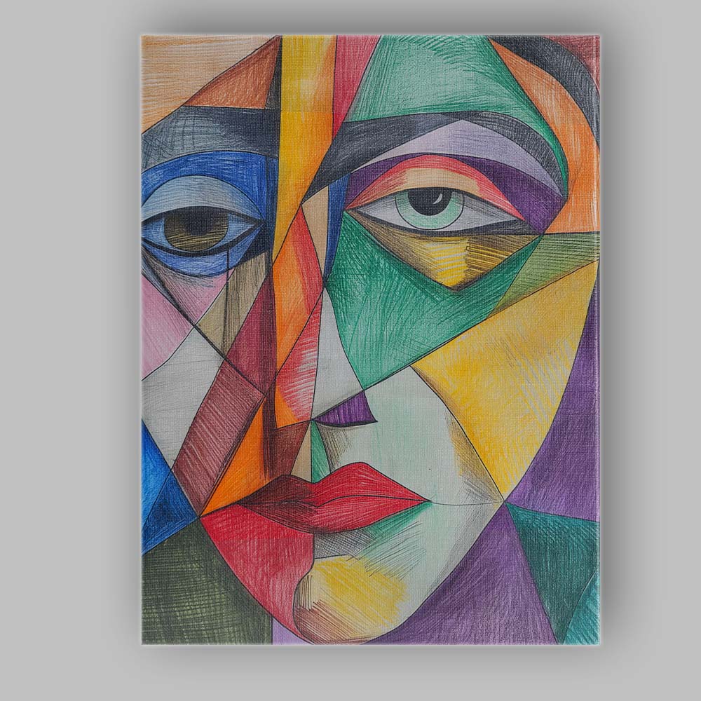 Vibrant Cubist Woman Face Colour Pencil Portrait Canvas Wall Art Print Decor Picture Ready to Hang