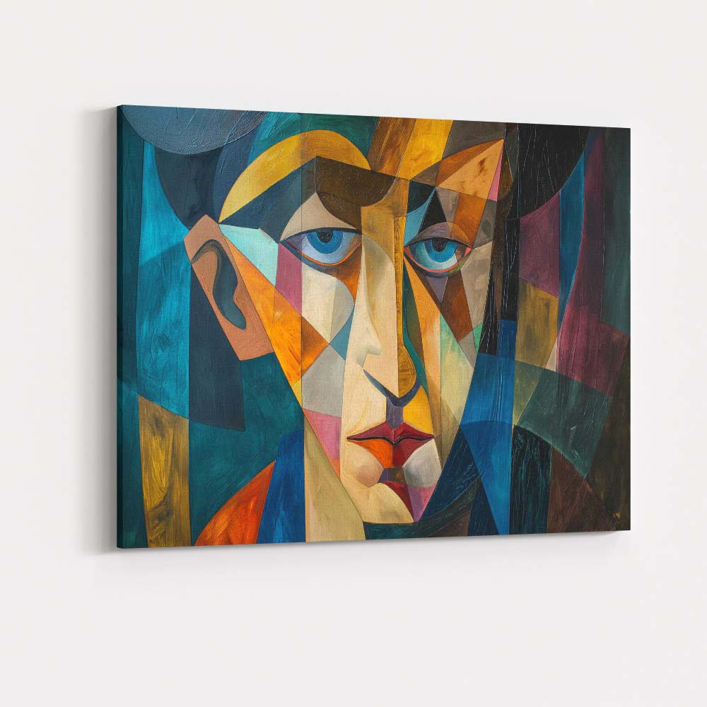 Blue Eyed Cubist Face Modern Geometric Portrait Painting Canvas Wall Art Print Decor Picture Ready to Hang