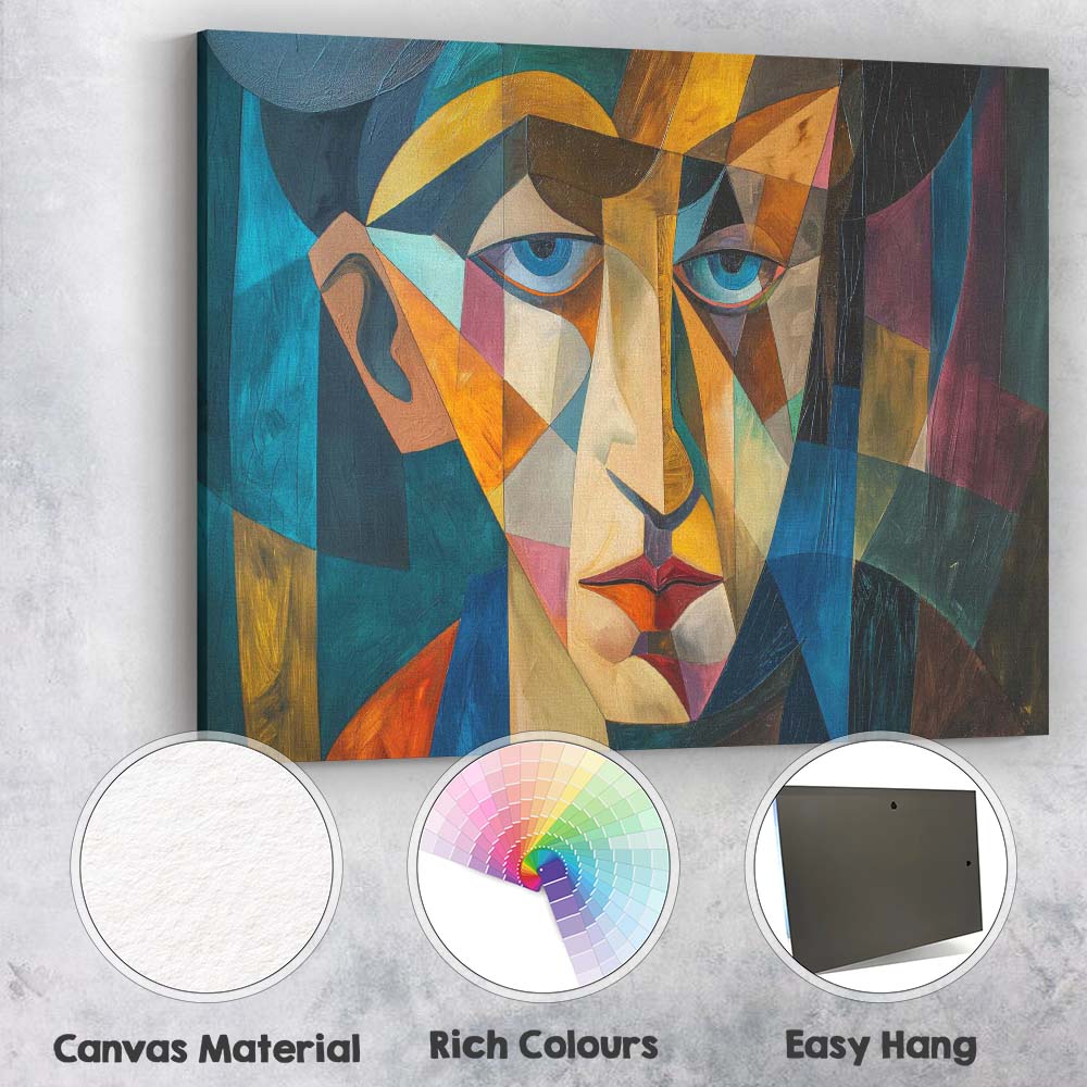 Blue Eyed Cubist Face Modern Geometric Portrait Painting Canvas Wall Art Print Decor Picture Ready to Hang