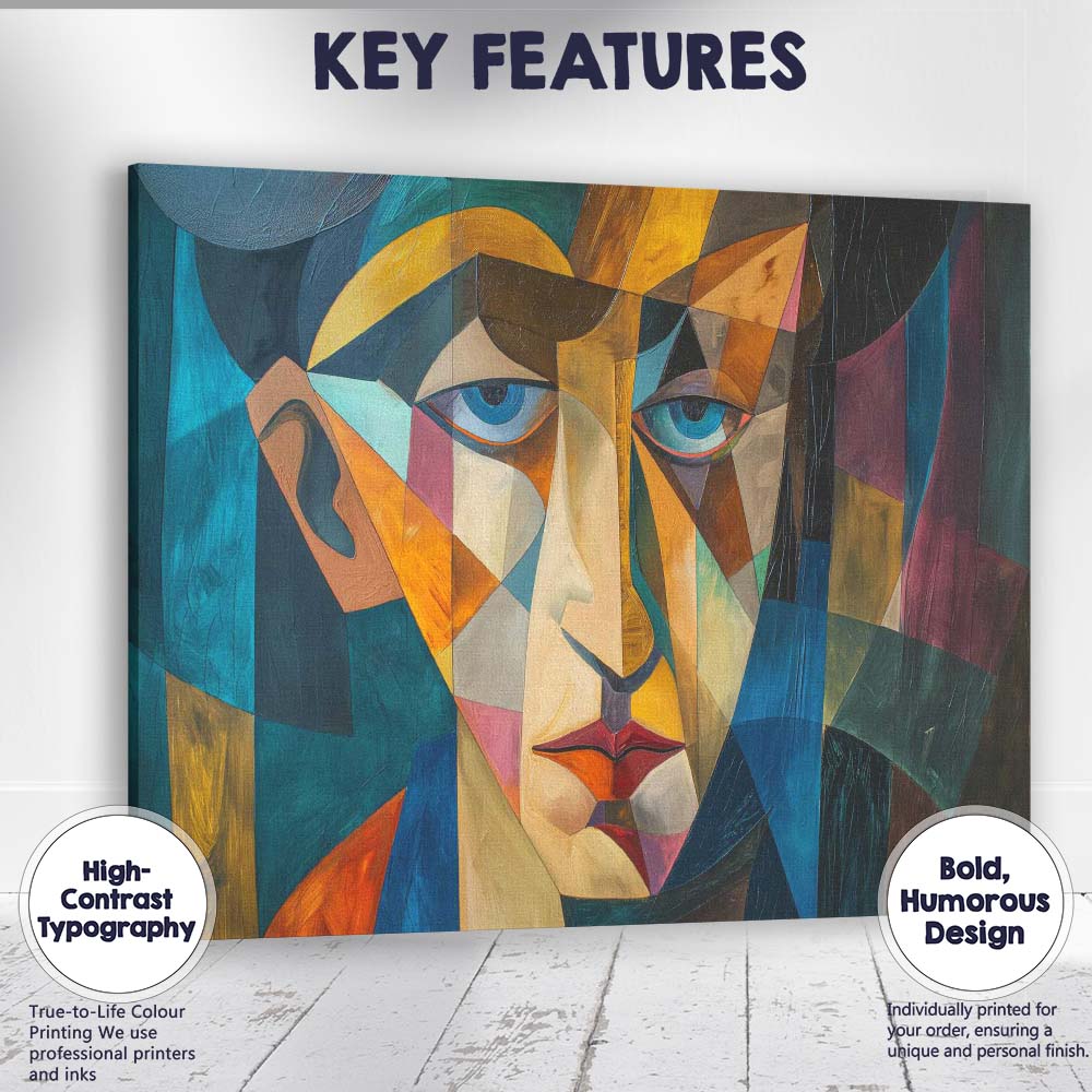 Blue Eyed Cubist Face Modern Geometric Portrait Painting Canvas Wall Art Print Decor Picture Ready to Hang
