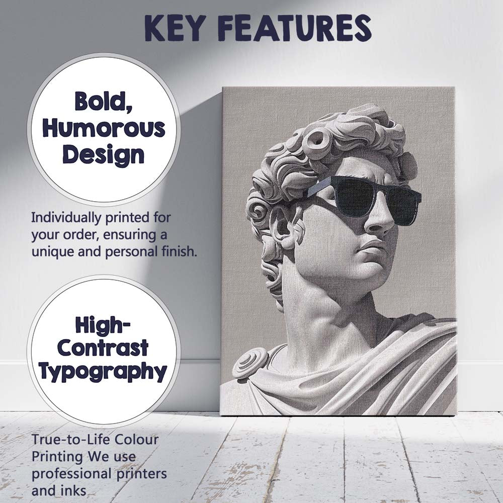 Classical Greek David Bust with Black Sunglasses Modern Sculpture Canvas Wall Art Print Decor Picture Ready to Hang