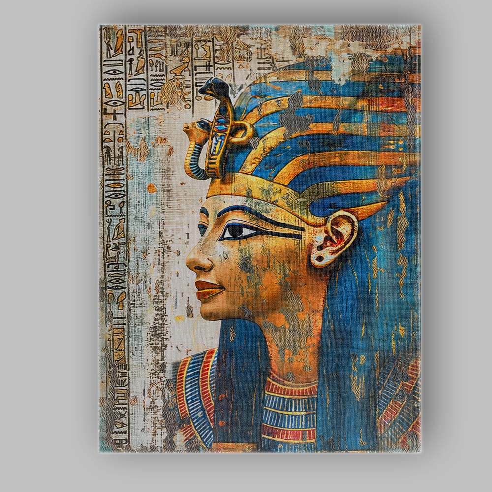 Egyptian Pharaoh Queen Blue Gold Profile Portrait Canvas Wall Art Print Decor Picture Ready to Hang