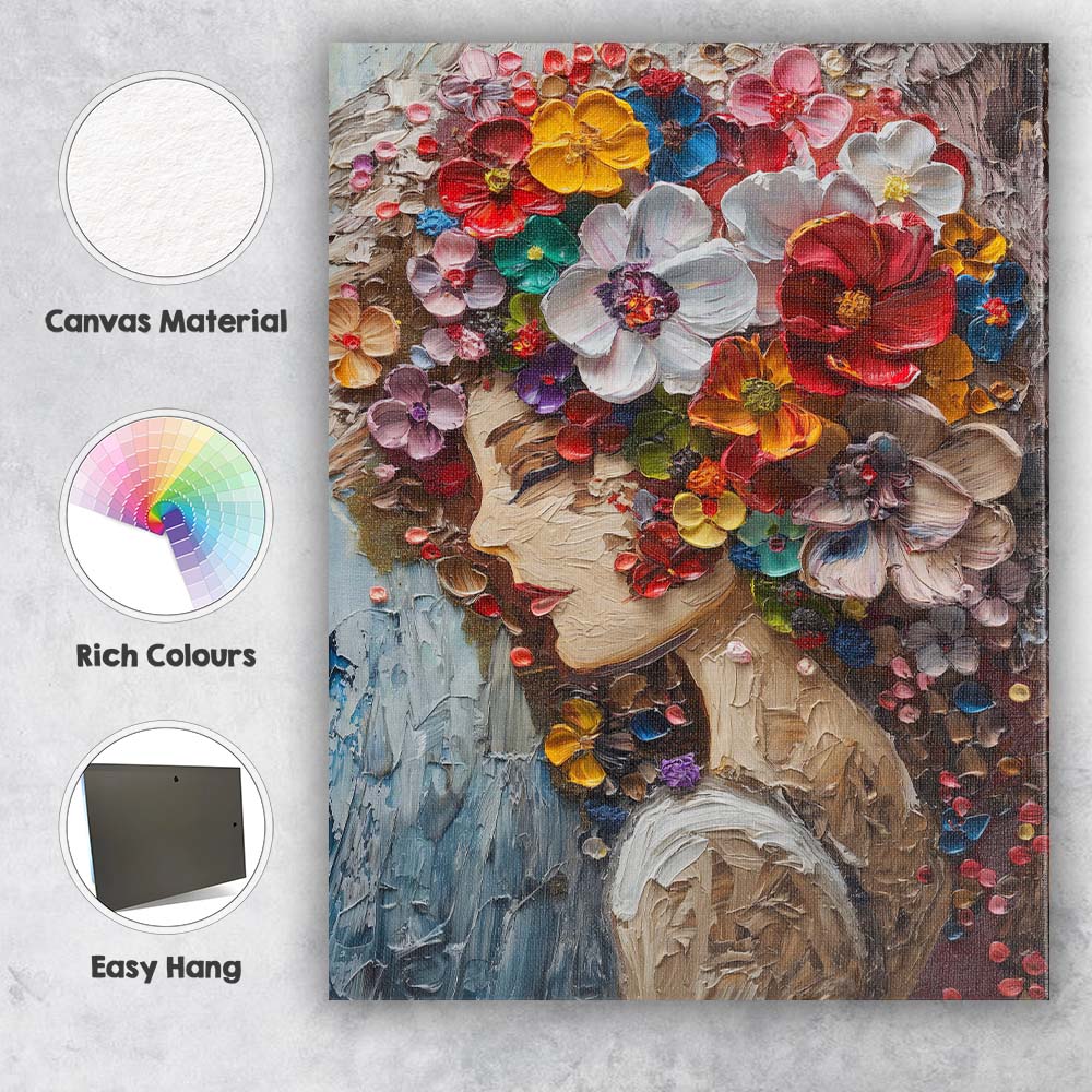 Colourful Floral Woman Portrait Impasto Oil Painting Canvas Wall Art Print Decor Picture Ready to Hang