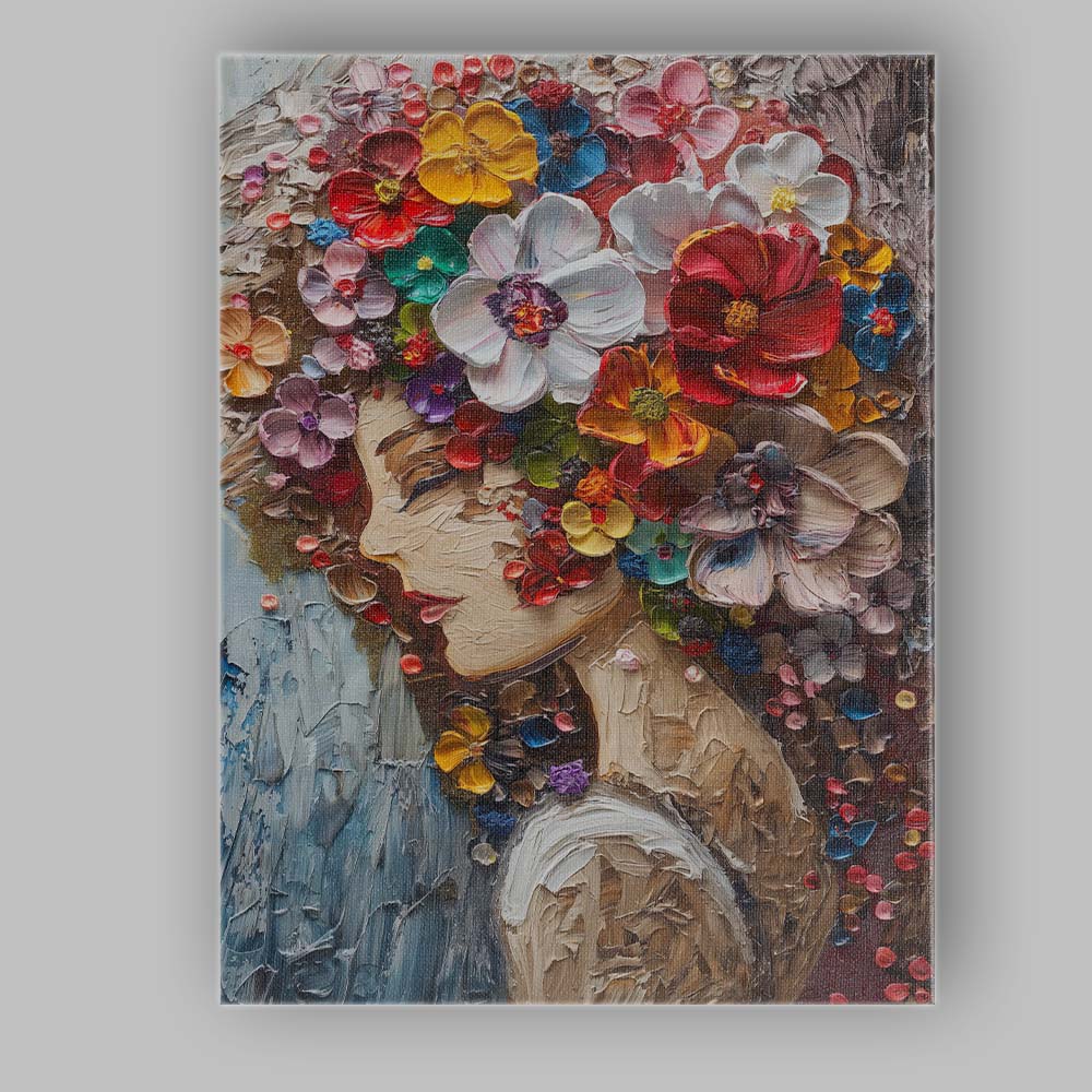 Colourful Floral Woman Portrait Impasto Oil Painting Canvas Wall Art Print Decor Picture Ready to Hang