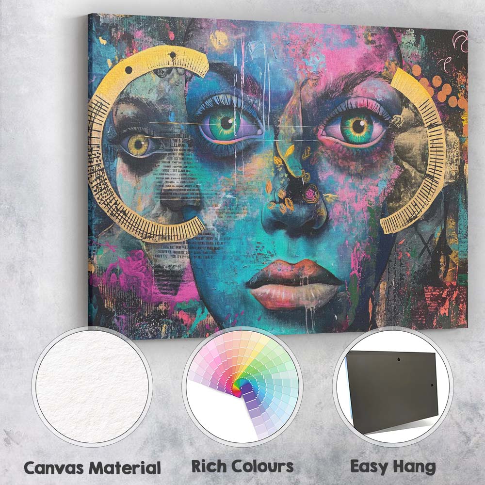 Colourful Urban Graffiti Woman Face Contemporary Abstract Portrait Canvas Wall Art Print Decor Picture Ready to Hang