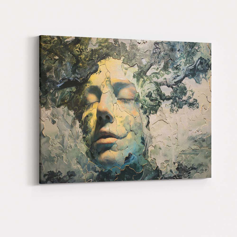 Abstract Cracked Face Forest Spirit Surreal Portrait Canvas Wall Art Print Decor Picture Ready to Hang