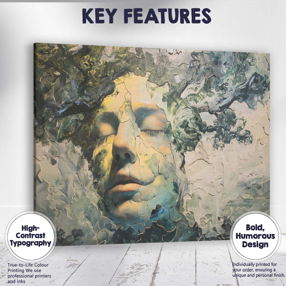 Abstract Cracked Face Forest Spirit Surreal Portrait Canvas Wall Art Print Decor Picture Ready to Hang