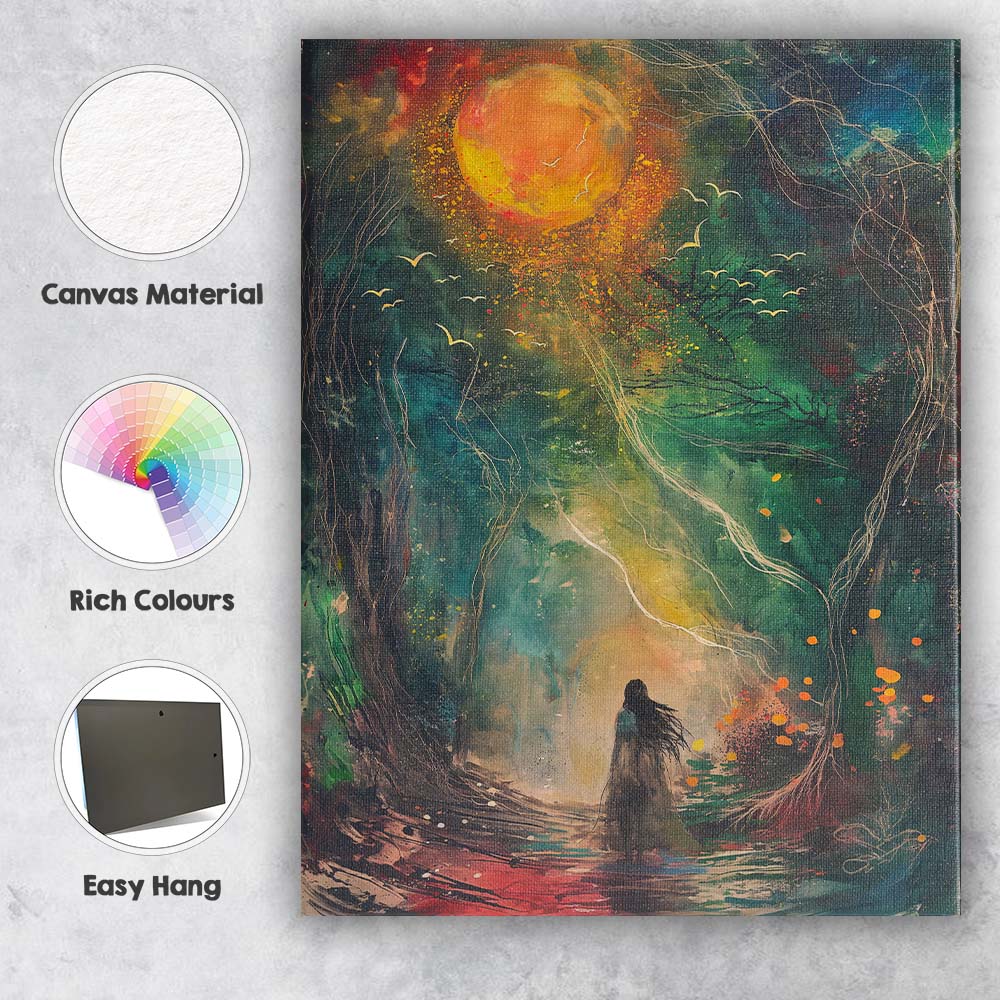 Enchanted Moonlit Forest Lone Woman Fantasy Watercolour Canvas Wall Art Print Decor Picture Ready to Hang