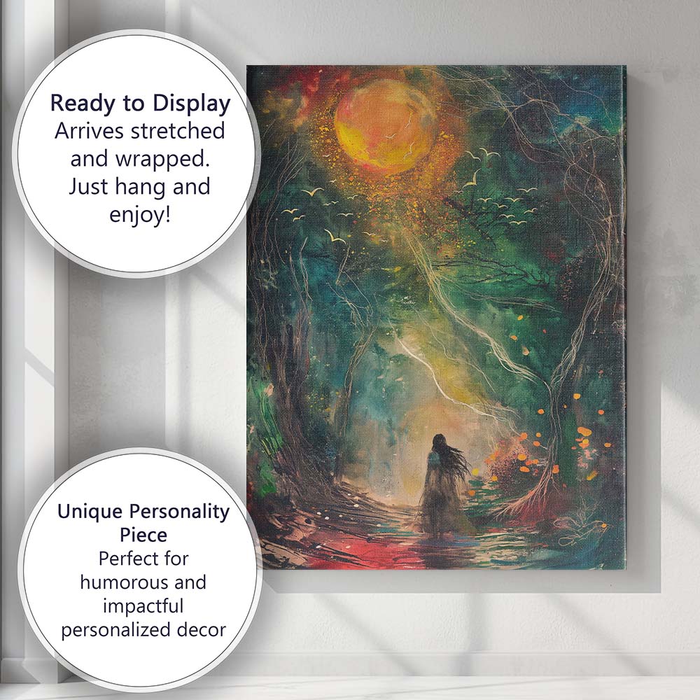 Dreamy Moonlit Forest Woman Silhouette Fantasy Landscape Canvas Wall Art Print Decor Picture Ready to Hang