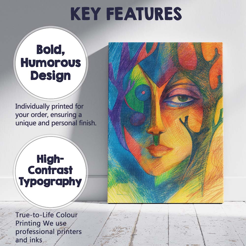 Modern Cubist Woman Face Colourful Line Art Portrait Canvas Wall Art Print Decor Picture Ready to Hang
