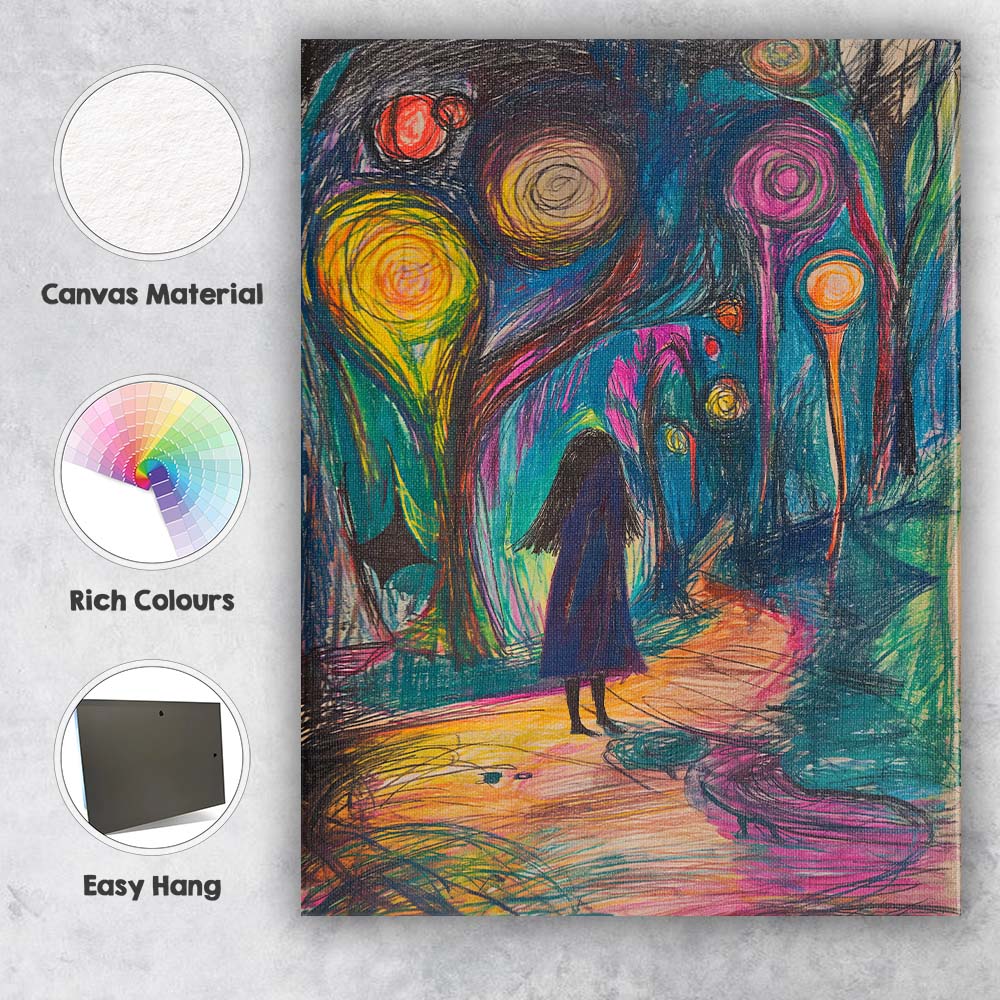 Dreamlike Neon Forest Girl Fantasy Landscape Canvas Wall Art Print Decor Picture Ready to Hang