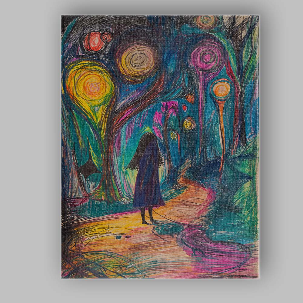 Dreamlike Neon Forest Girl Fantasy Landscape Canvas Wall Art Print Decor Picture Ready to Hang