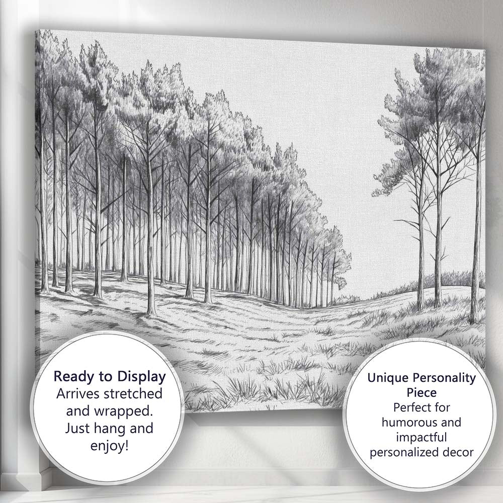 Monochrome Woodland Pencil Sketch Forest Landscape Canvas Wall Art Print Decor Picture Ready to Hang