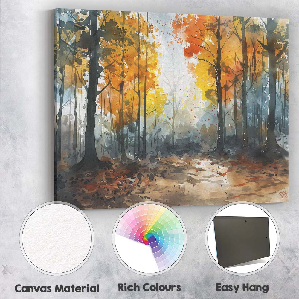 Autumn Woodland Watercolour Forest Path Landscape Canvas Wall Art Print Decor Picture Ready to Hang