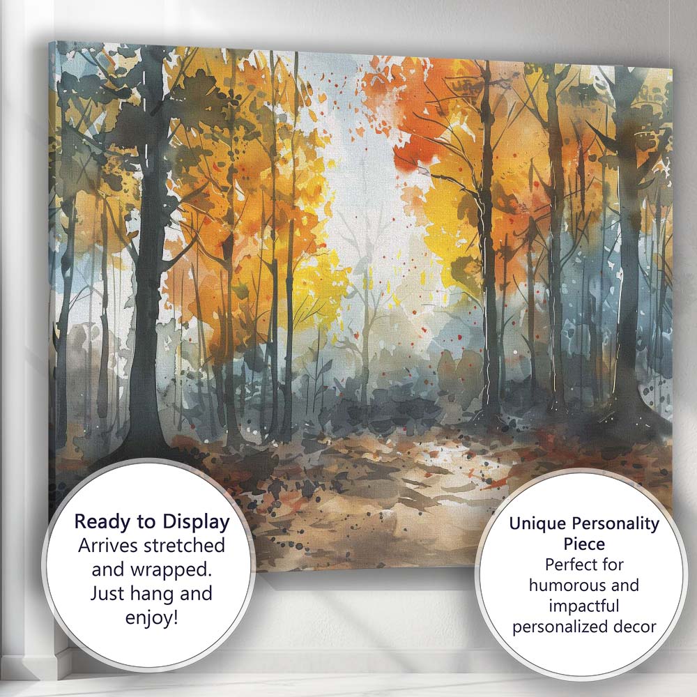 Autumn Woodland Watercolour Forest Path Landscape Canvas Wall Art Print Decor Picture Ready to Hang