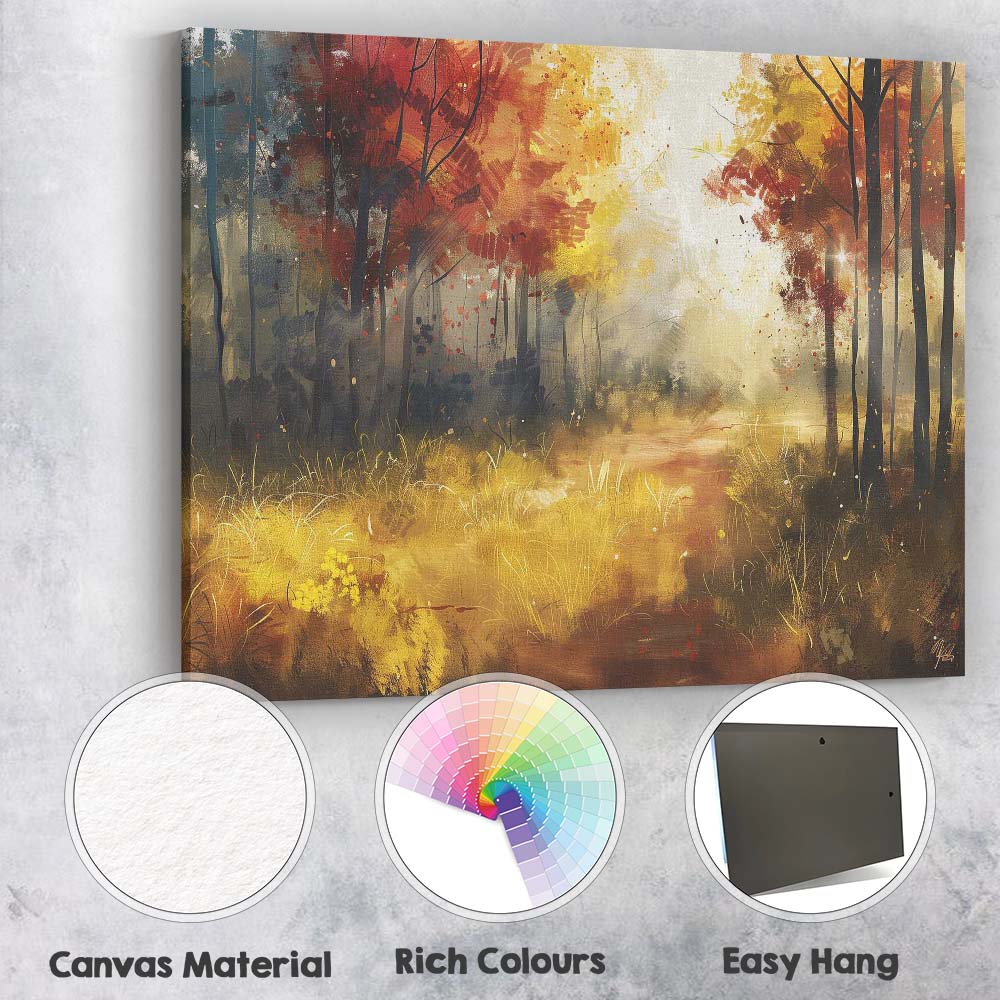 Golden Autumn Forest Sunlight Impressionist Woodland Landscape Canvas Wall Art Print Decor Picture Ready to Hang