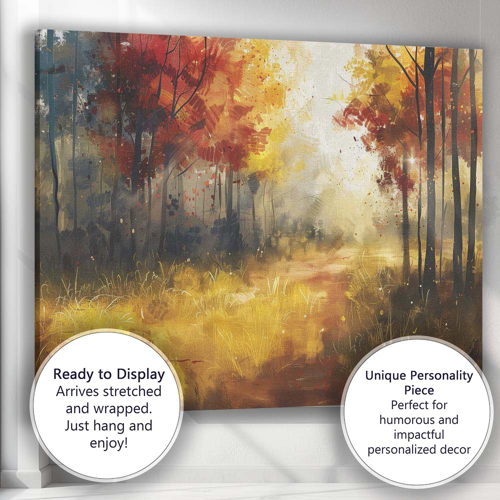 Golden Autumn Forest Sunlight Impressionist Woodland Landscape Canvas Wall Art Print Decor Picture Ready to Hang