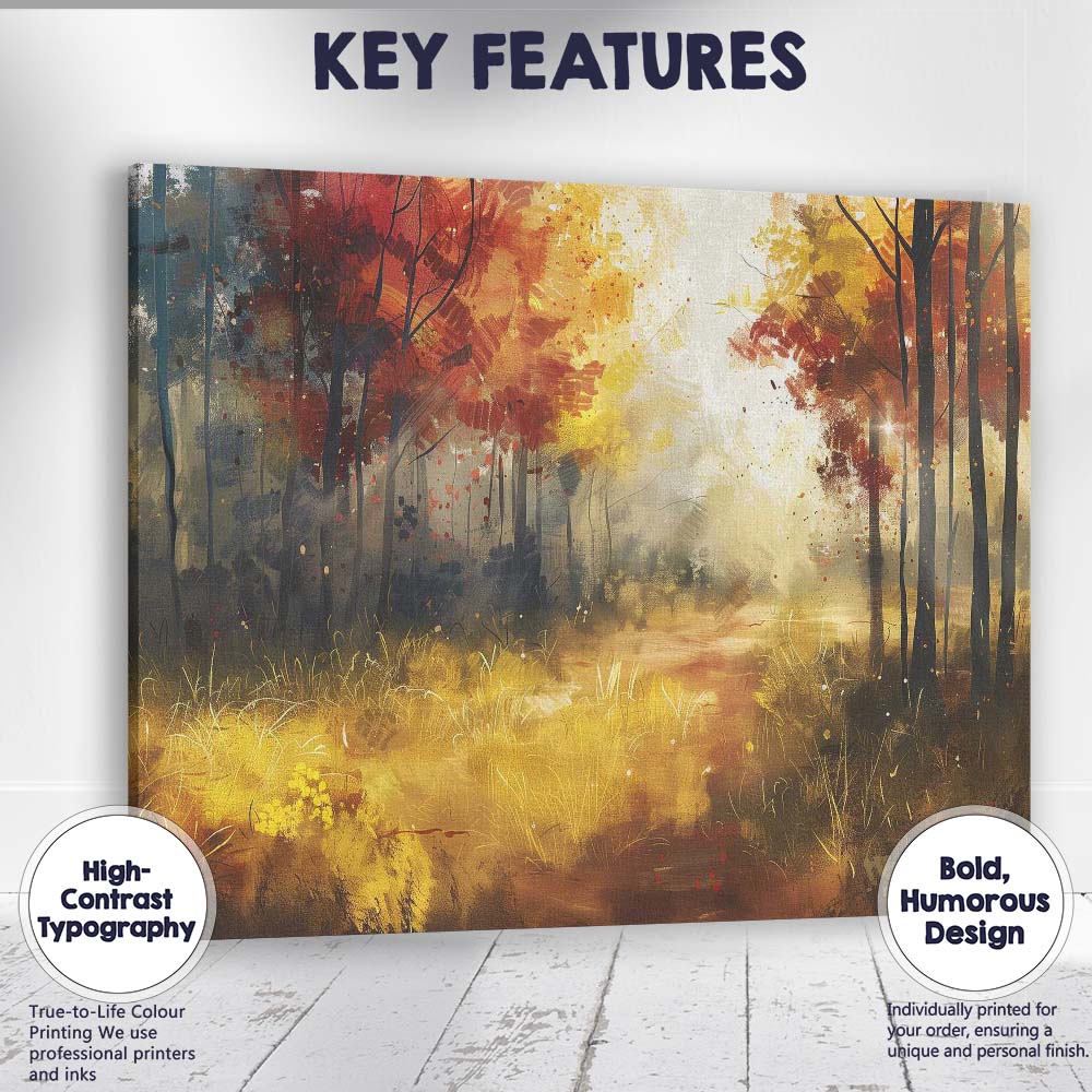 Golden Autumn Forest Sunlight Impressionist Woodland Landscape Canvas Wall Art Print Decor Picture Ready to Hang