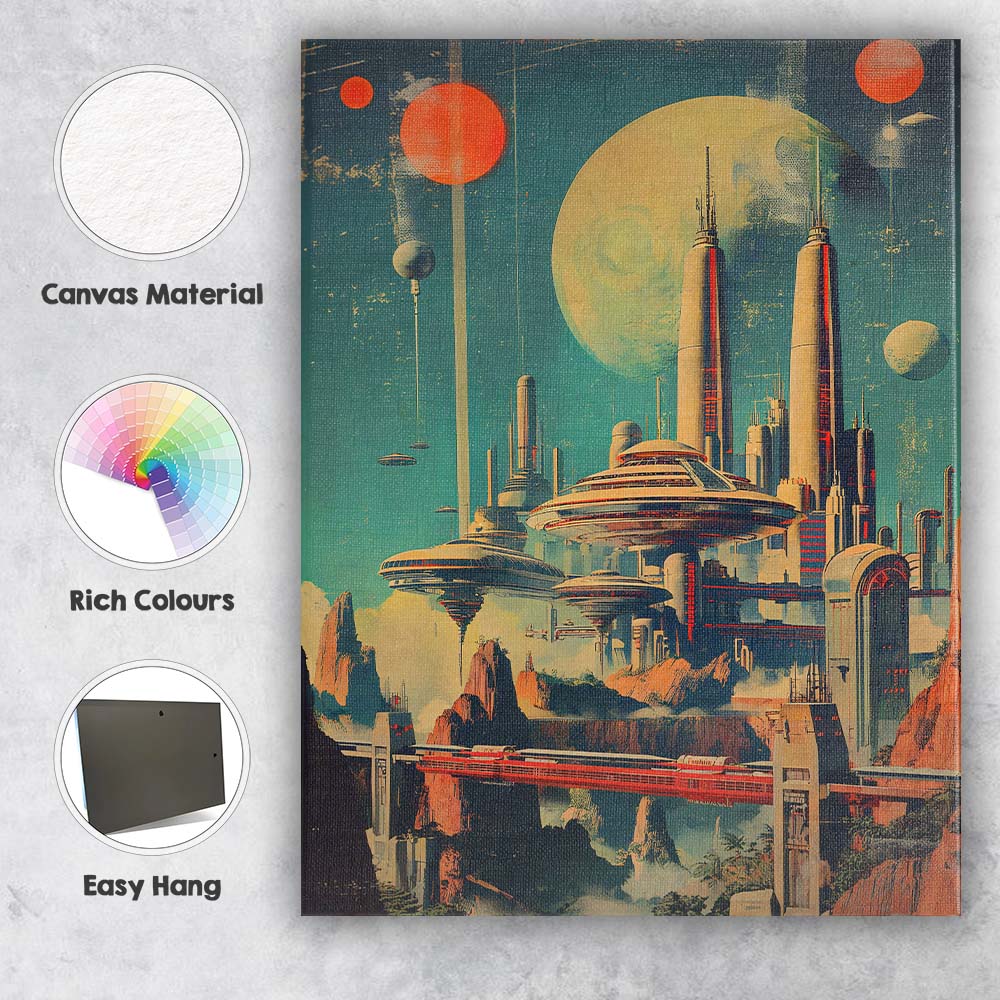 Retro Futuristic Space Colony Planetary City Canvas Wall Art Print Decor Picture Ready to Hang