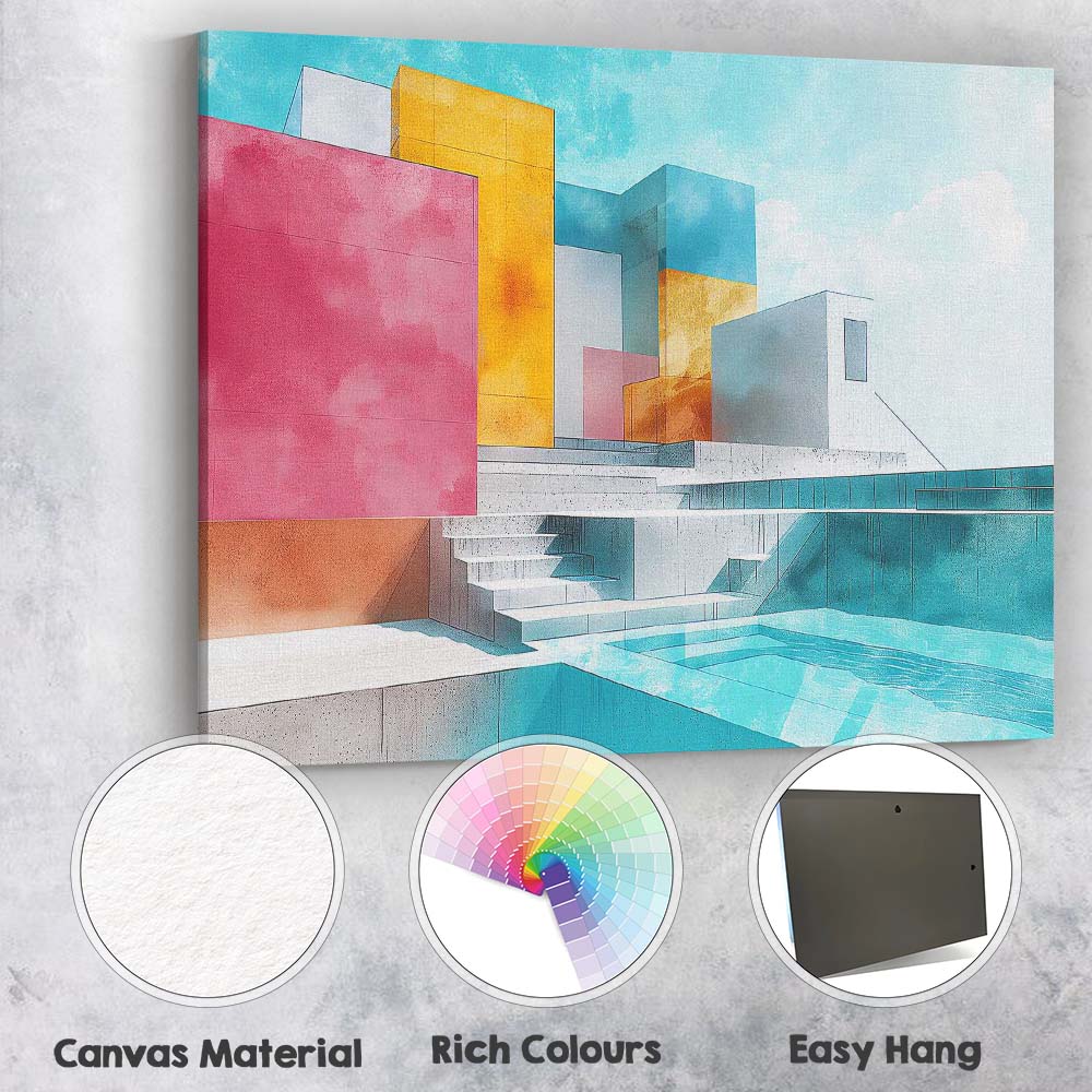 Modern Geometric Luxury House Swimming Pool Architectural Illustration Canvas Wall Art Print Decor Picture Ready to Hang