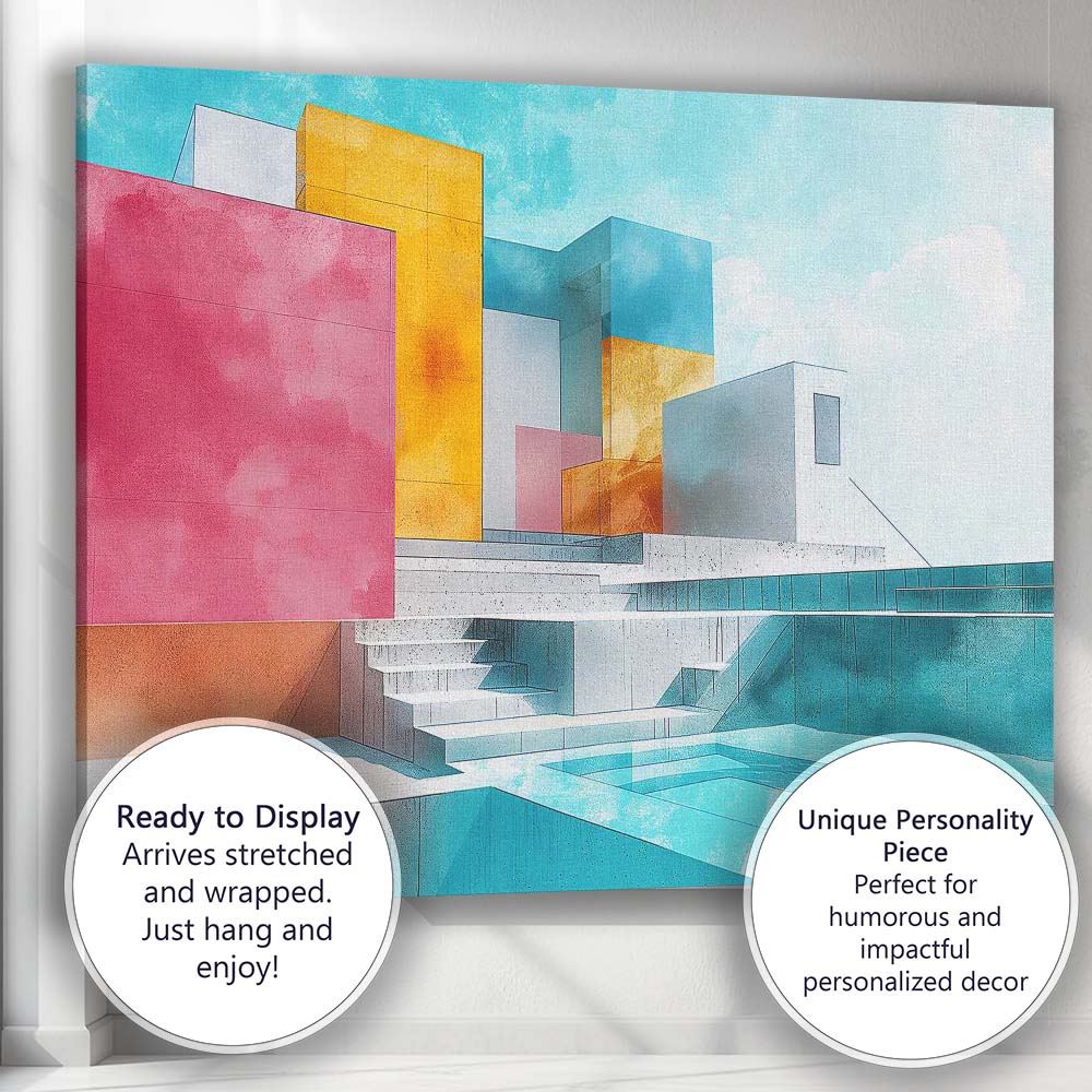 Modern Geometric Luxury House Swimming Pool Architectural Illustration Canvas Wall Art Print Decor Picture Ready to Hang