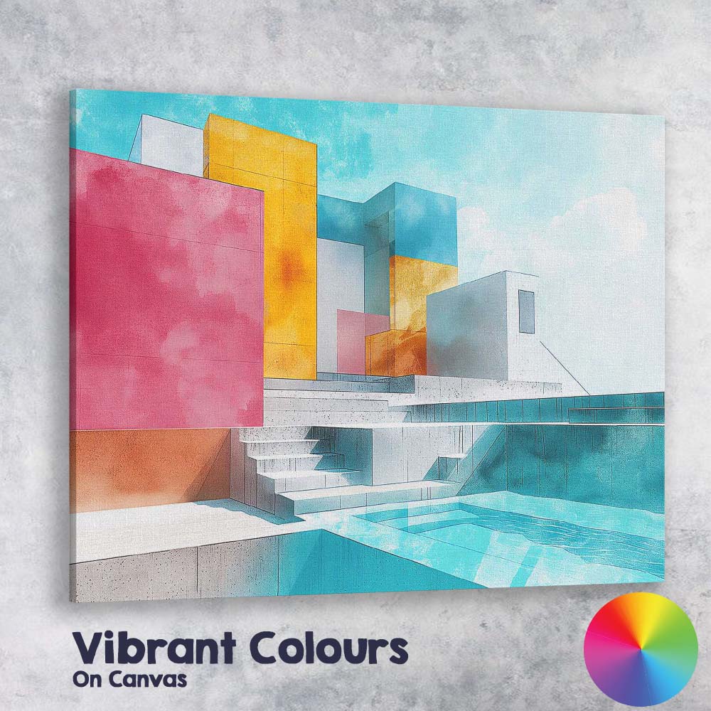Modern Geometric Luxury House Swimming Pool Architectural Illustration Canvas Wall Art Print Decor Picture Ready to Hang