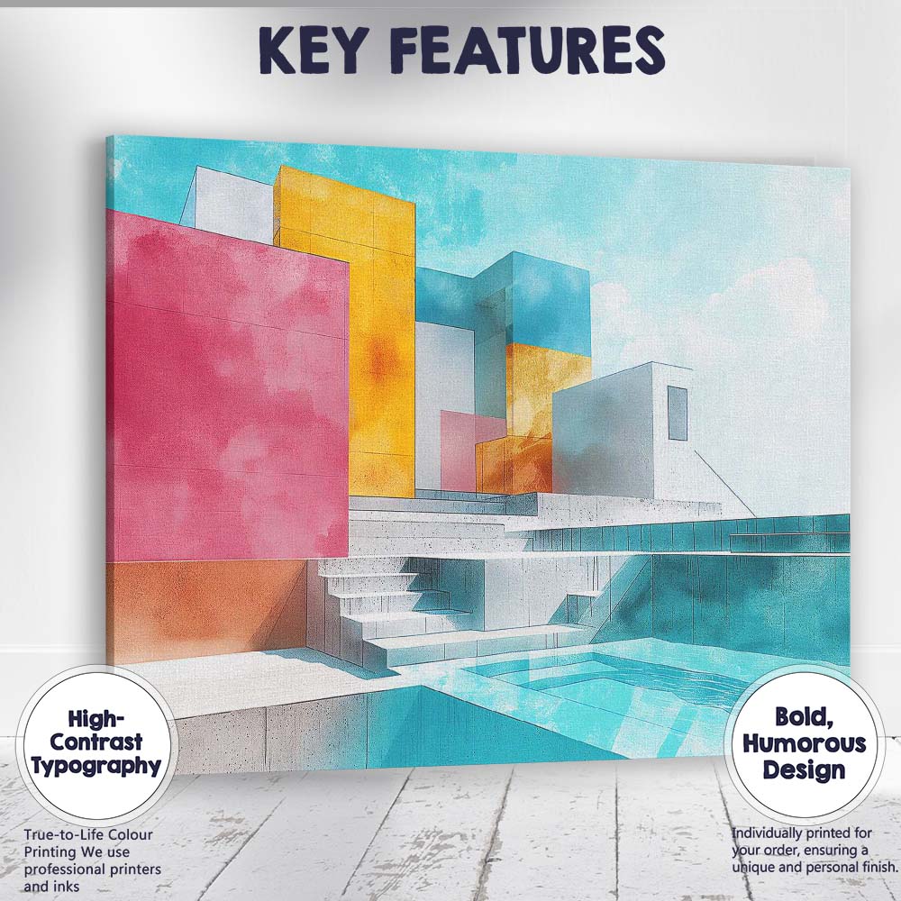 Modern Geometric Luxury House Swimming Pool Architectural Illustration Canvas Wall Art Print Decor Picture Ready to Hang