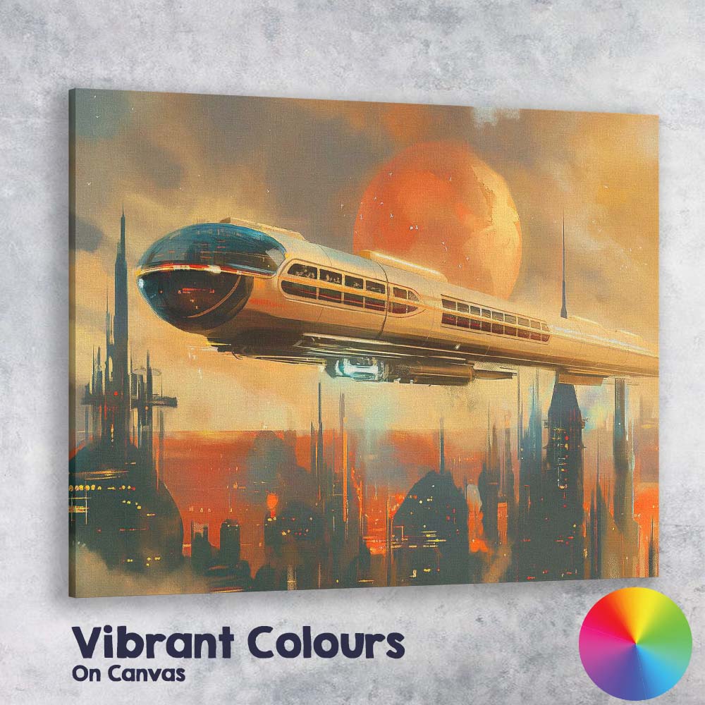 Retro Futuristic Monorail Space City Sunset Canvas Wall Art Print Decor Picture Ready to Hang