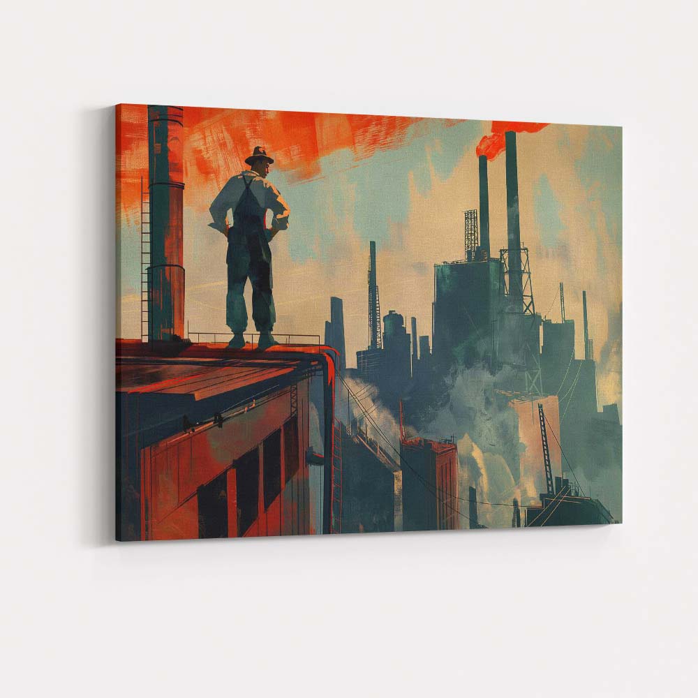 Industrial Factory Skyline Worker Silhouette Concept Art Canvas Wall Art Print Decor Picture Ready to Hang