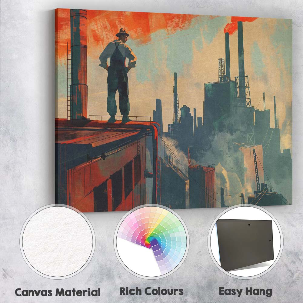 Industrial Factory Skyline Worker Silhouette Concept Art Canvas Wall Art Print Decor Picture Ready to Hang