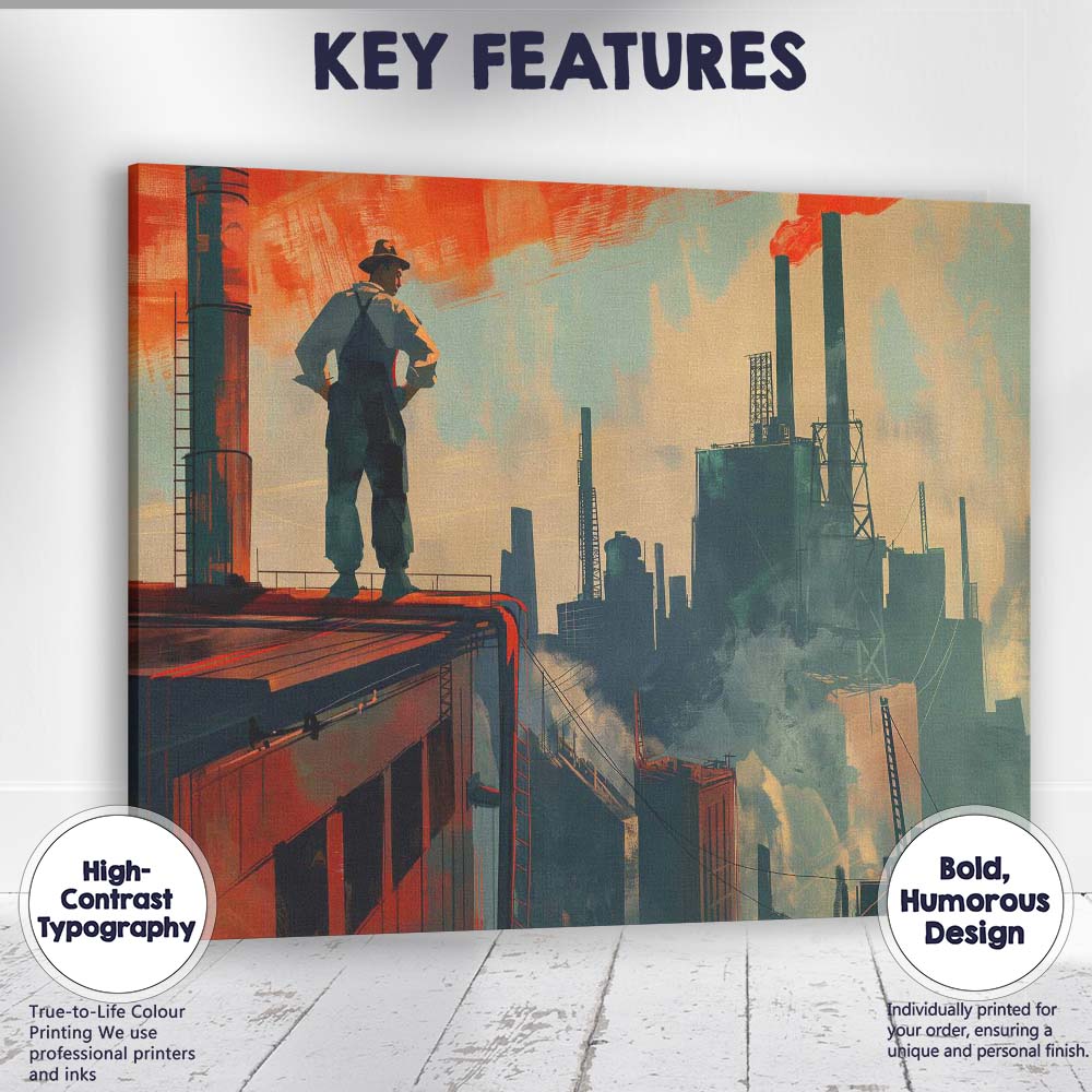 Industrial Factory Skyline Worker Silhouette Concept Art Canvas Wall Art Print Decor Picture Ready to Hang