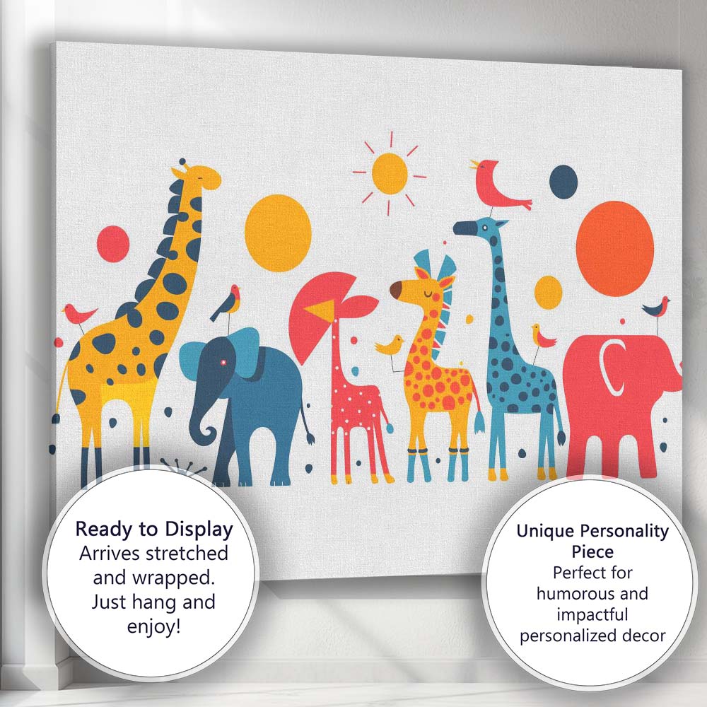 Colourful Safari Animal Parade Nursery Illustration Canvas Wall Art Print Decor Picture Ready to Hang
