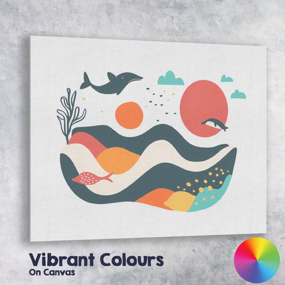 Abstract Ocean Dolphin Coastal Landscape Mid Century Modern Canvas Wall Art Print Decor Picture Ready to Hang