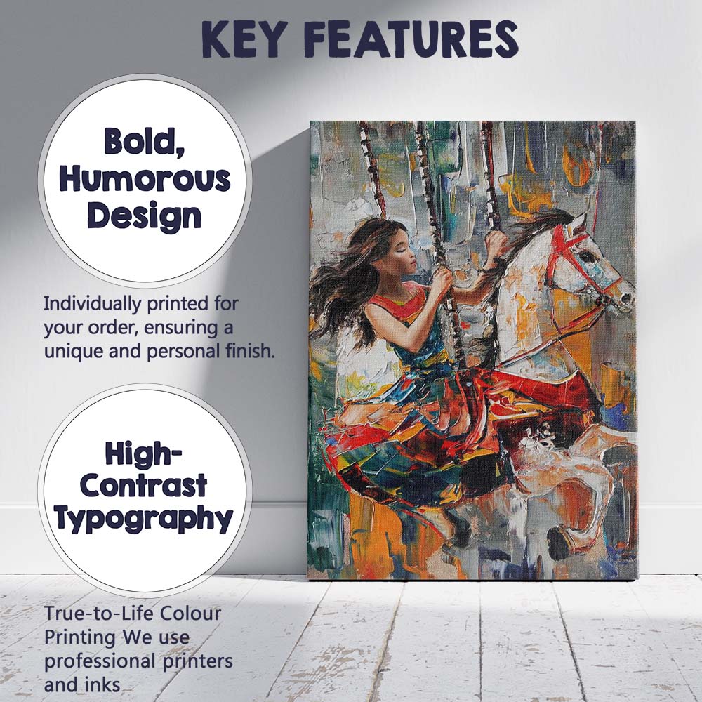 Colourful Carousel Girl White Horse Expressionist Painting Canvas Wall Art Print Decor Picture Ready to Hang