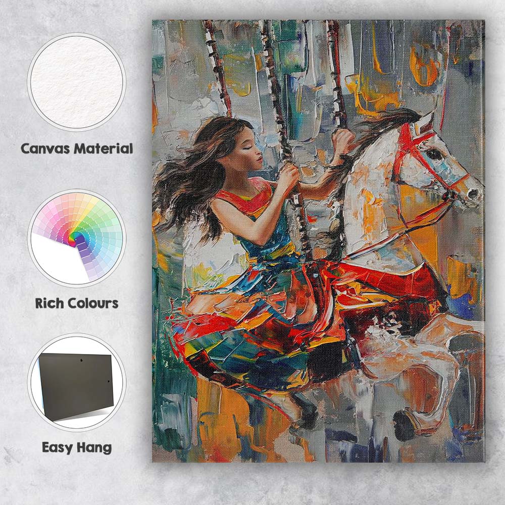 Colourful Carousel Girl White Horse Expressionist Painting Canvas Wall Art Print Decor Picture Ready to Hang