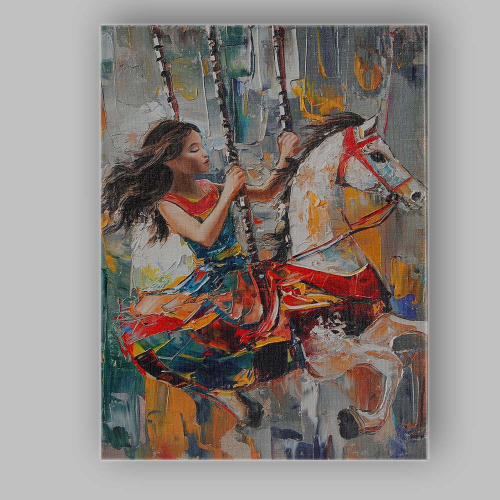 Colourful Carousel Girl White Horse Expressionist Painting Canvas Wall Art Print Decor Picture Ready to Hang
