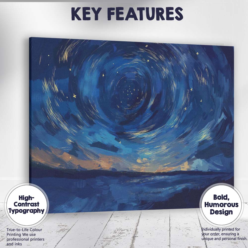 Midnight Blue Starry Sky Swirl Abstract Landscape Canvas Wall Art Print Decor Picture Ready to Hang