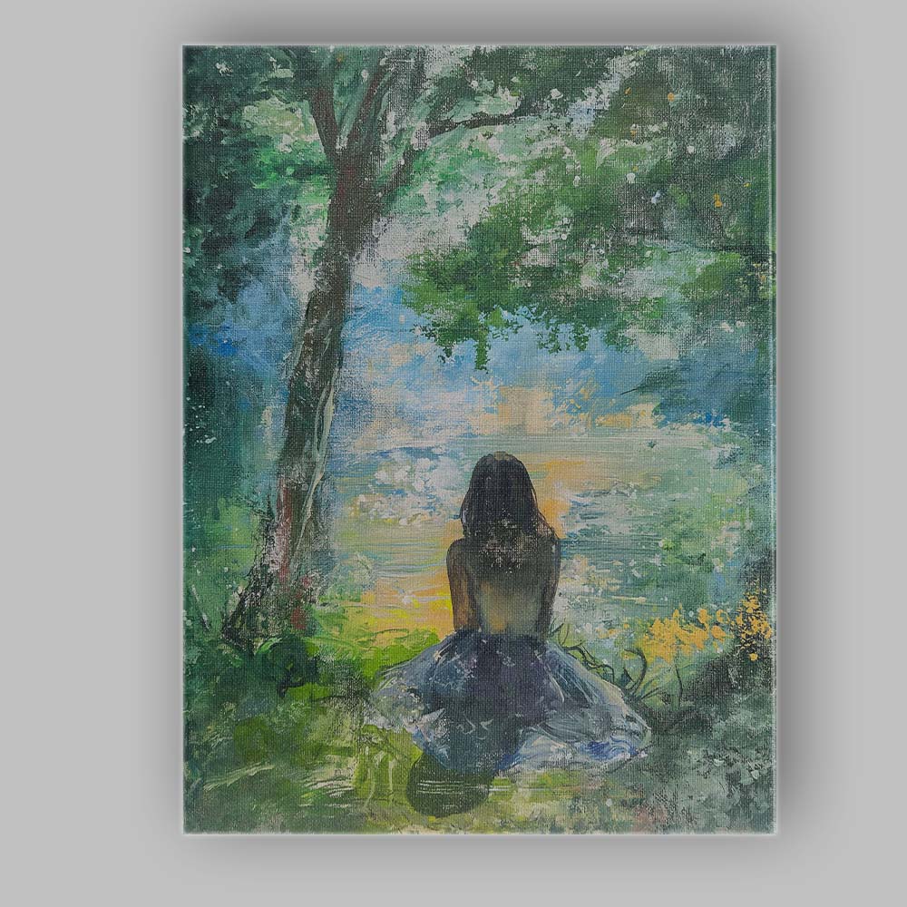Impressionist Girl by Tranquil Forest Lake Landscape Painting Canvas Wall Art Print Decor Picture Ready to Hang